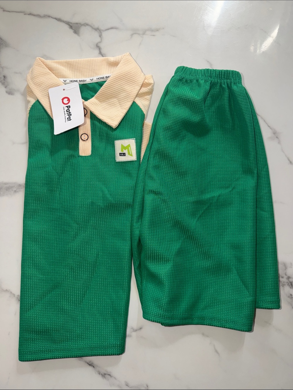 PatPat Green Polo Set with Cream Collar